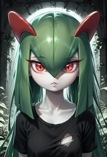 (((Kirlia))), female, anthro, pale white skin, score_9,score_8_up,score_7_up, masterpiece, best_quality, ultra-detailed, masterpiece, 1girl, solo, kirlia, black hair, very long hair, red eyes, cute, perfect face, thick eyeliner, hourglass body, high quality, low light, dramatic lighting, darkness, intricate details, portrait, ((face focused)), wearing ripped dirty jeans, dirty black top, detailed background, post-apocalypse background, ruined house, overgrown with plants, (perfect eyes:1.3, detailed eyes, ((cat pupils))),dvr-lnds-sdxl, combinestyle