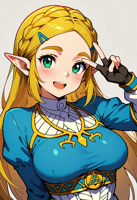 masterpiece, best quality, medium breasts, (curvy), princess zelda, long hair, crown braid, hairclip, pointy ears, blue shirt, long sleeves, fingerless gloves, black gloves, (upper body), white shirt, smile, teeth, :D, v,
