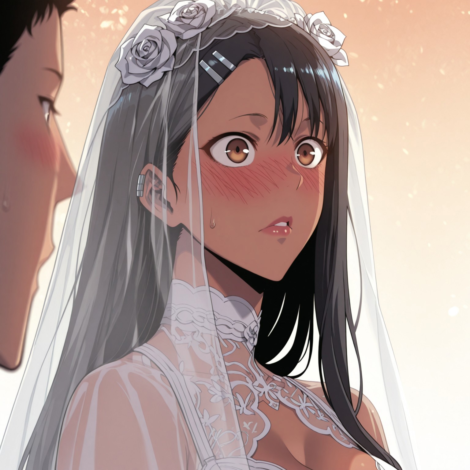 masterpiece, best quality, absurdres, highres, detailed background, <lora:hyperSD8:1>, (s0l0lvling), (face focus),) BR1D4LL1NG3R13, bare shoulders, (solo), face is covered by a see-through veil, 1girl, solo, nagatoro hayase, brown eyes, dark-skinned female, tan, black hair, hairclip, earclip, hair ornament, long hair, big lips, large breasts, cleavage, bustier, white bra, (face focus, close-up, detailed eyes, lips, skin), ((bridal veil:1.3), white veil,see-through veil, lace-trimmed veil, veil down, long veil, face covered, (see-through:1.1), veil in front of face, full bridal veil), adult female, milf, embarrassed, blush, blushing, (full-face blush), embarrassed, surprised, abstract background, abstract background, sunset setting in, golden haze lighting covering the scene