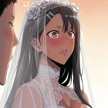 masterpiece, best quality, absurdres, highres, detailed background, <lora:hyperSD8:1>, (s0l0lvling), (face focus),) BR1D4LL1NG3R13, bare shoulders, (solo), face is covered by a see-through veil, 1girl, solo, nagatoro hayase, brown eyes, dark-skinned female, tan, black hair, hairclip, earclip, hair ornament, long hair, big lips, large breasts, cleavage, bustier, white bra, (face focus, close-up, detailed eyes, lips, skin), ((bridal veil:1.3), white veil,see-through veil, lace-trimmed veil, veil down, long veil, face covered, (see-through:1.1), veil in front of face, full bridal veil), adult female, milf, embarrassed, blush, blushing, (full-face blush), embarrassed, surprised, abstract background, abstract background, sunset setting in, golden haze lighting covering the scene