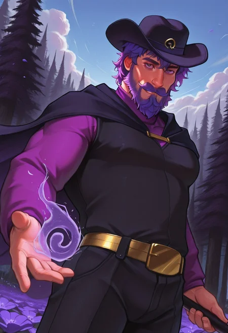 masterpiece, best quality, amazing quality, RasmodiusSV, purple hair, short hair, purple eyes, beard, mustache, mature male, muscular, hat, cape, violet turtleneck shirt, black vest, upper body,, looking at viewer, smile, dynamic pose, detailed background, dutch angle, forest, blue sky, clouds, flowers, petals on the wind, holding a staff, gold belt, black pants, cowboy shot, magic,