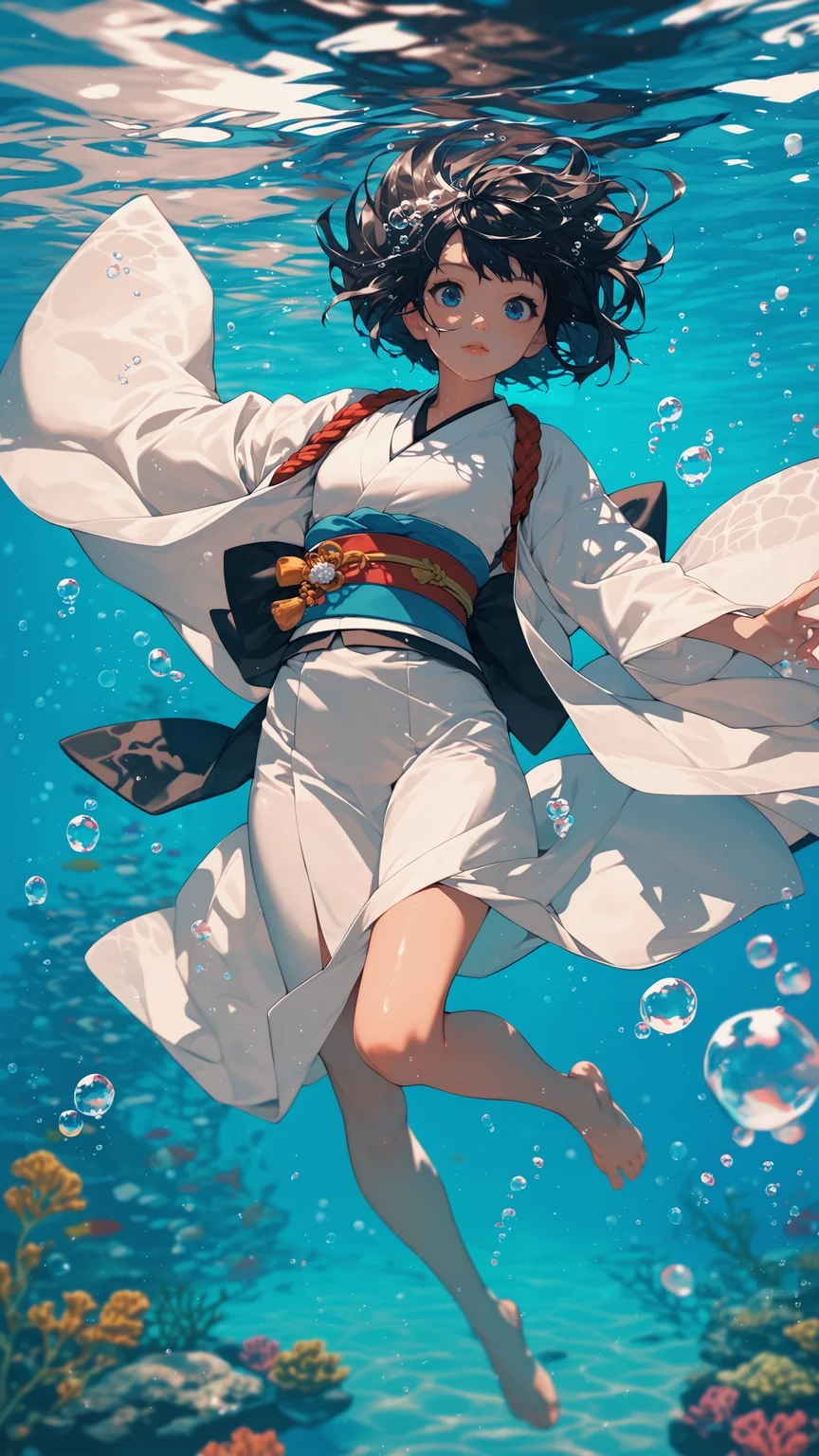 score_9, score_8_up, score_7_up, 1girl, solo, short hair, blue eyes, black hair, long sleeves, japanese clothes, barefoot, kimono, sash, obi, bubble, white kimono, underwater, air bubble, submerged, ryougi shiki