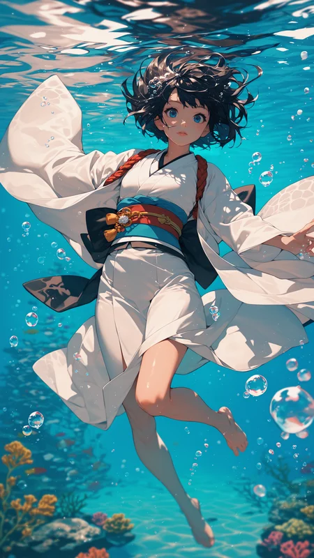 score_9, score_8_up, score_7_up, 1girl, solo, short hair, blue eyes, black hair, long sleeves, japanese clothes, barefoot, kimono, sash, obi, bubble, white kimono, underwater, air bubble, submerged, ryougi shiki