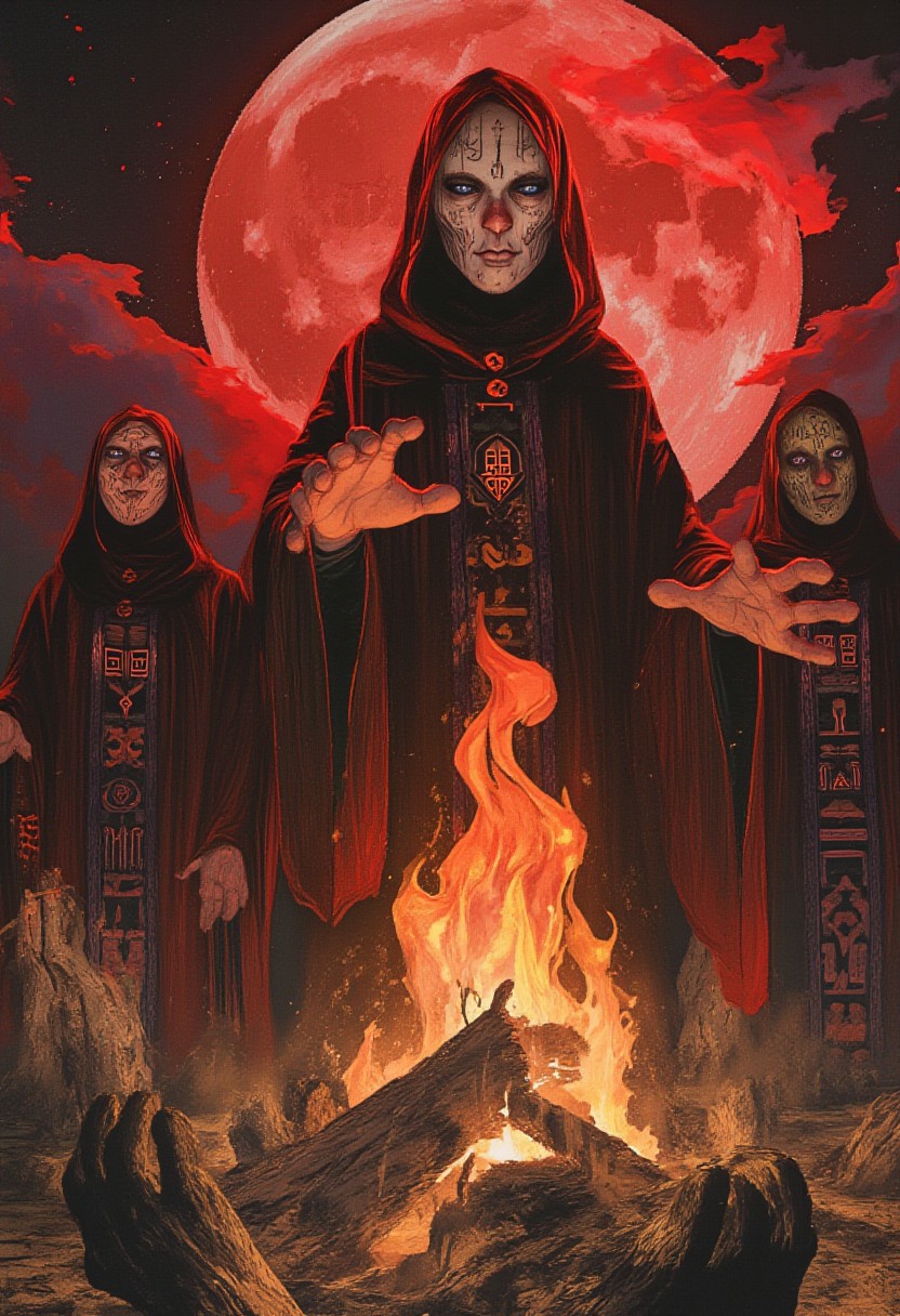 comic art by Mike Allred, 
A group of witches from the Blood-Sworn Coven, their pale, rune-covered faces glowing under the Blood Moon. They stand in a circle around the Great Witchfire, wearing red ceremonial robes that pulse with power. Their hands are raised, casting spells into the night as spirits rise from the ground, drawn to the powerful magic. The sky above is filled with swirling red clouds and glowing occult symbols., 
In the style of grainy 80s VHS dark fantasy horror, vintage Halloween, autumn harvest tones, occult mysticism, gritty animatronics, with Sean Äaberg's psychedelic grotesque flair, evoking eerie, grainy VHS footage
art by torikun, SentinelBot, OBxiaoxiang