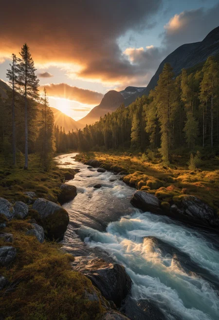 masterpiece, high quality, RAW photo, Norway, amazing nature, primeval wilderness, picturesque forest, epic sunset, bright clouds, beautiful sky, sun, desolate landscape, clean river, scenery, realistic, pristine atmosphere, photorealistic, 8K, highly detailed,
