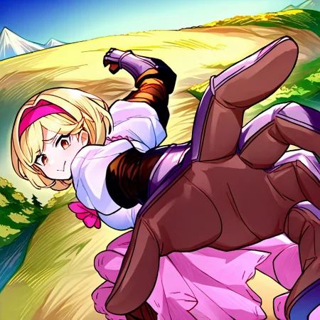 score_9, score_8_up, score_8, source_anime, source_cartoon,
girl, djeetadef, pink hairband, dress, puffy sleeves, gauntlets, brown thighhighs, thigh boots, incoming punch, mountains in the background