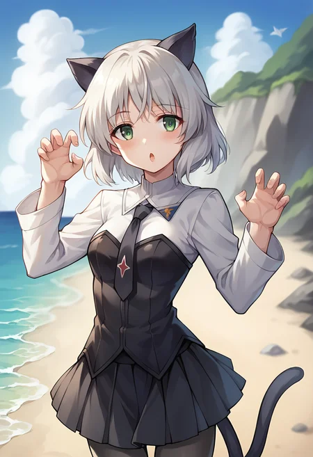 score_9, score_8_up, score_7_up, source_anime, masterpiece, 1girl, ctiansanya, uniform, necktie, strapless vest, long sleeves, black skirt, black pantyhose, cat ears, cat tail, beach, outdoors, cowboy shot, sunny, ocean, scenery, depth of field, looking at viewer, cinematic, claw pose, chestnut mouth, <lora:Sanya_updated_ver2_ct:1>