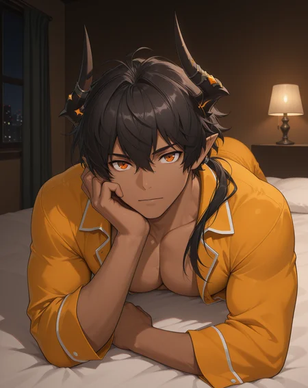 masterpiece,best quality,amazing quality, newest, very aesthetic, absurdres,
1boy, solo, yaoi, male focus, looking at viewer, full body, face focus, lying, on bed,
<lora:Sol_Limit_Break:1> lbsol, dark skin, horns, dark-skinned male, pointy ears, black hair, orange eyes, muscular male, hair between eyes, ponytail,
pajamas, open clothes,
indoors, night, dark room, bedroom,