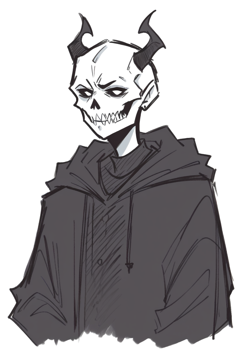 <lora:dijor-v2:1> dijor, sketched, score_9, score_8_up, score_7_up, grim reaper, horns, solo, wearing black robe, hood, skull face,