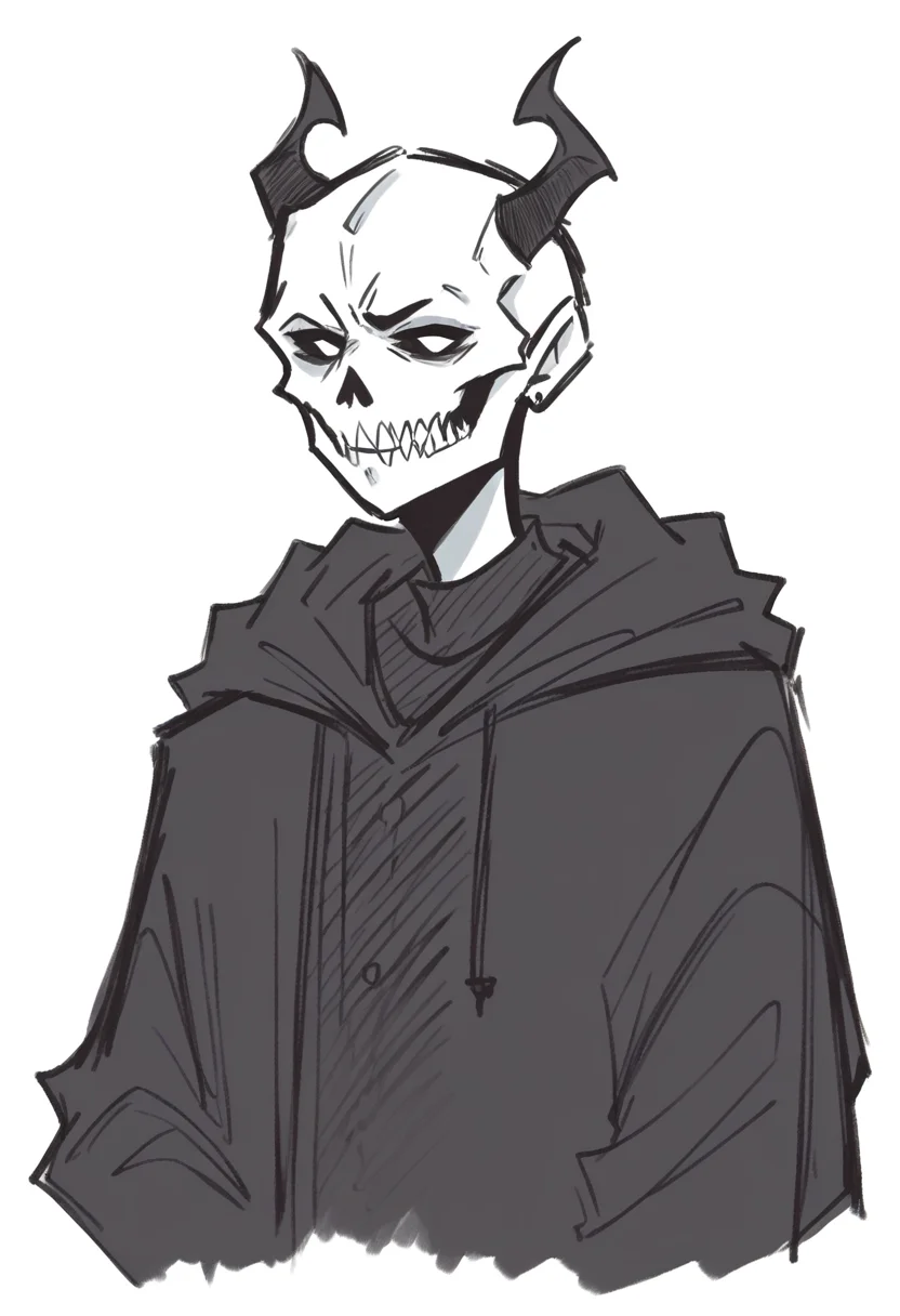 <lora:dijor-v2:1> dijor, sketched, score_9, score_8_up, score_7_up, grim reaper, horns, solo, wearing black robe, hood, skull face,