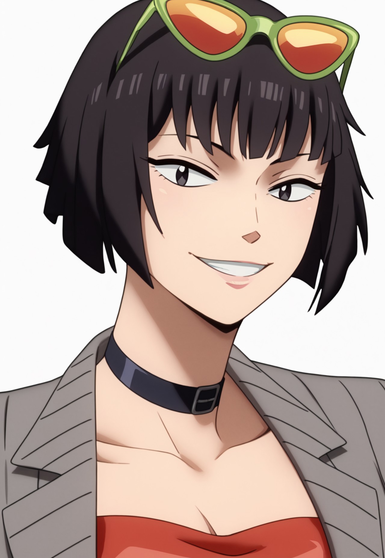 score_9, score_8_up, score_7_up, score_9,4k, HD, 8k, highres, masterpiece, best quality, cowboy shot, anime style, anime screencap, anime coloring, flat colors, solo, 1girl, Obiguro, Obiguro (Sakamoto Days), Black hair, short hair, black eyes, sunglasses, eyewear on head, choker, gray jacket, open clothes, red tube top, close up, headshot, head only, white background, no pose, looking at viewer, smile, beautiful eyes,
<segment:yolo-Anzhc Face seg 640 v2 y8n.pt,0.4,0.5//cid=1>
