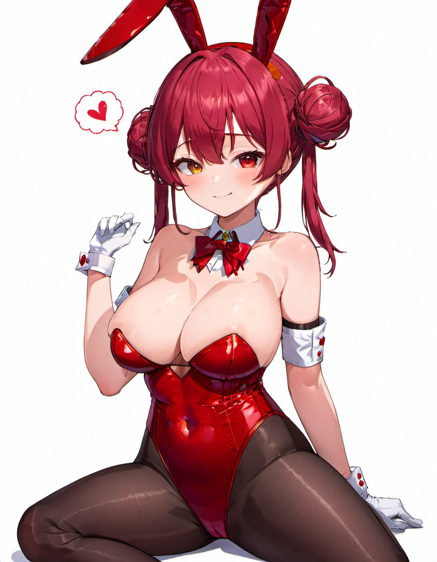 <lora:Houshou_Marine:.8> houshou marine, hair bun, pantyhose, rabbit ears, playboy bunny, gloves, long hair, heterochromia, red bowtie, twintails, leotard, white gloves, red bow, double bun, looking at viewer, rabbit tail, blush, wrist cuffs, covered navel, white background, love hotel, detached collar,  closed mouth, red leotard, smile, black pantyhose, bare shoulders, sitting, cleavage, large breasts, strapless