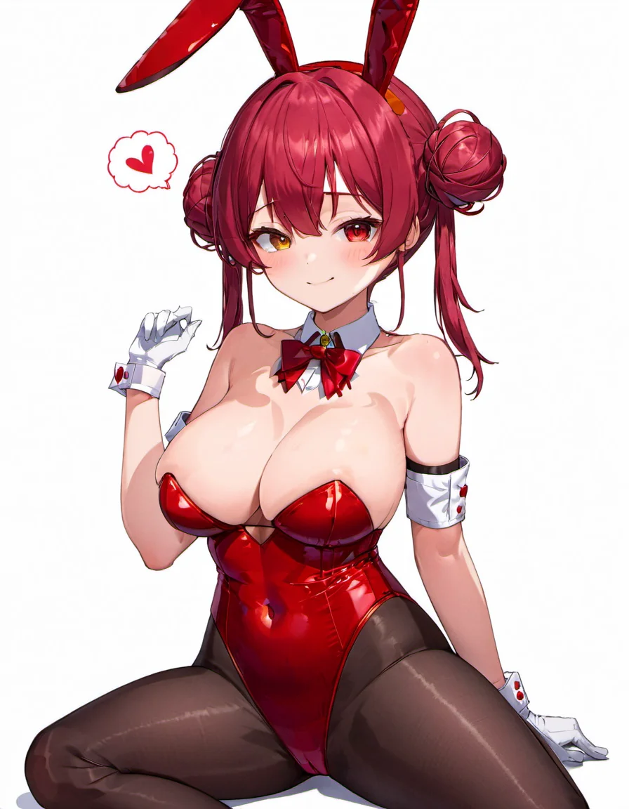 <lora:Houshou_Marine:.8> houshou marine, hair bun, pantyhose, rabbit ears, playboy bunny, gloves, long hair, heterochromia, red bowtie, twintails, leotard, white gloves, red bow, double bun, looking at viewer, rabbit tail, blush, wrist cuffs, covered navel, white background, love hotel, detached collar, closed mouth, red leotard, smile, black pantyhose, bare shoulders, sitting, cleavage, large breasts, strapless
