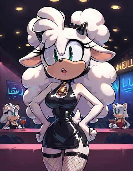 score_9, score_8_up, flat color, flat shading, 1girl, lanolin the sheep, sonic (series), white arm fur, wide hips, narrow waist, medium breasts, black fingertips, indoors, nightclub, halterneck, black dress, tube dress, short dress, fishnet stockings, hand on own hip <lora:LanolinSDXL:0.70> <lora:Smooth Style 2 SDXL_LoRA_Pony Diffusion V6 XL:1>