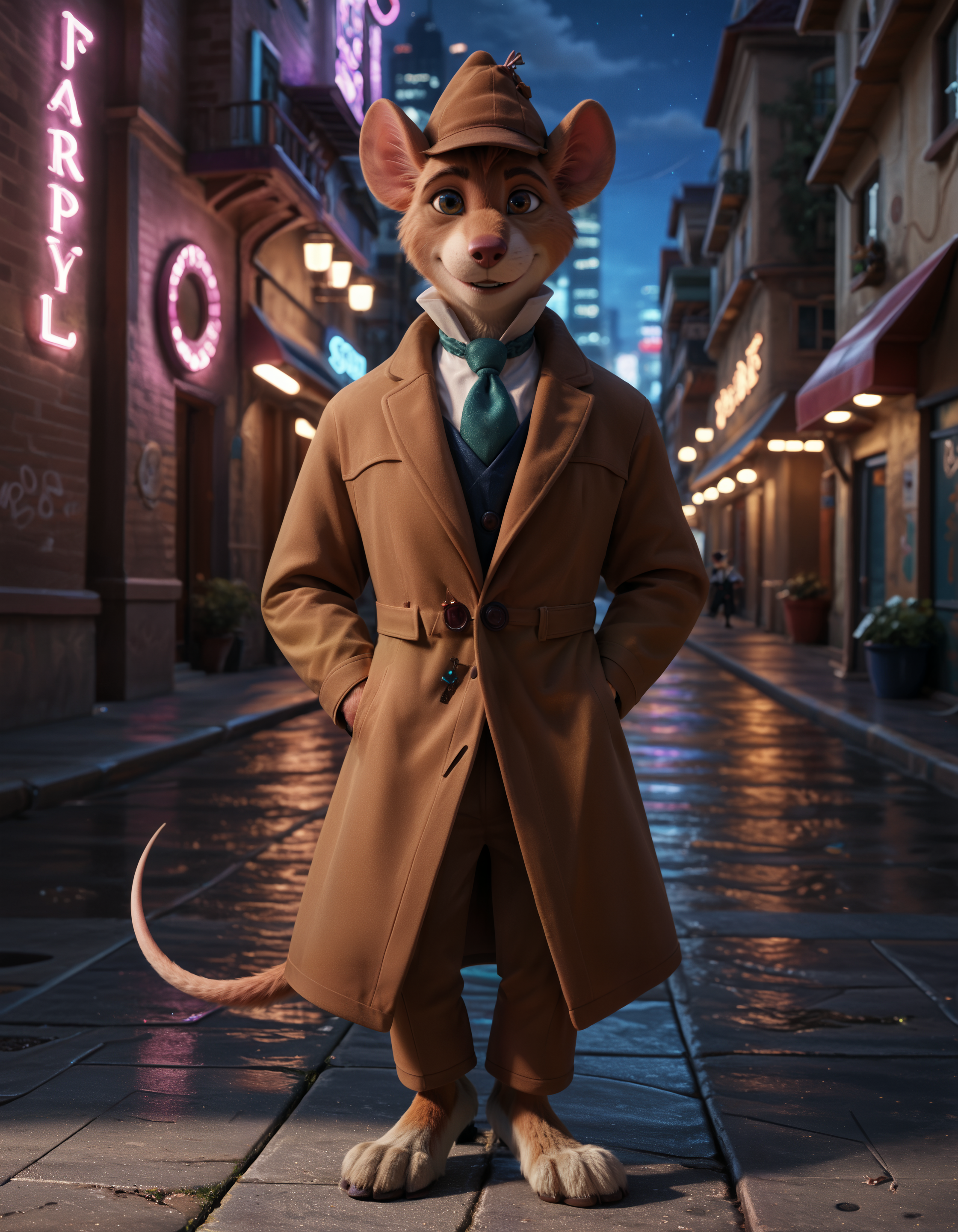 score_9, score_8_up, score_7_up BREAK source_furry, rating_safe, SSAO, detailed, (depth of field:1.1), detailed shadows, ambient occlusion, cinematic lighting, particles, graffiti, ray tracing, reflections, decals, masterpiece, best quality, ultra realistic, detailed eyes, 4k, 2k, film photography, RAW photo, photorealistic, analog style, subsurface scattering, photorealism, detailed eyes, perfect eyes, <lora:add-detail-xl:2.5>, <lora:2.5DRealisticV2.safetensors:0.25>, <lora:sinfully_stylish_SDXL.safetensors:1.0>, <lora:fix_hands.safetensors:2.5>, <lora:AdvancedEnhancerXLv2.safetensors:1.0>, dutch angle, detailed eyes, (detailed background:1.2), anthro, furry,  <lora:Basil_of_Baker_StreetThe_Great_Mouse_Detective:1.0>, basil_gmd, great_mouse_detective, solo, 1boy, male focus, clothed, hat, dark, night, light shining through feathers, looking at viewer, city, outdoor, digitigrade, biped, barefoot, (cyberpunk, neon lights, night time:1.2), upper body, solo, smile, long_sleeves, tail, necktie, shoes, pants, black_eyes, coat, arm_behind_back, walking, blue_necktie, mouse_ears, brown_headwear, furry_male, mouse_tail, brown_pants, brown_coat, mouse, trench_coat, detective,  (perspective, stand, parted lips:1.15)