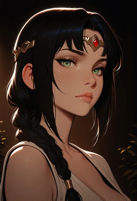 HDR, 8K, high contrast, masterpiece, best quality, amazing quality, very aesthetic, realistic, newest, volumetric lighting,
(artist:incase:0.5), (artist:tsuaii:0.5), (flat colors:1.5), 1girl, adult, female, looking at viewer, shadowheart, black hair, braided ponytail, green eyes, circlet, close up portrait,