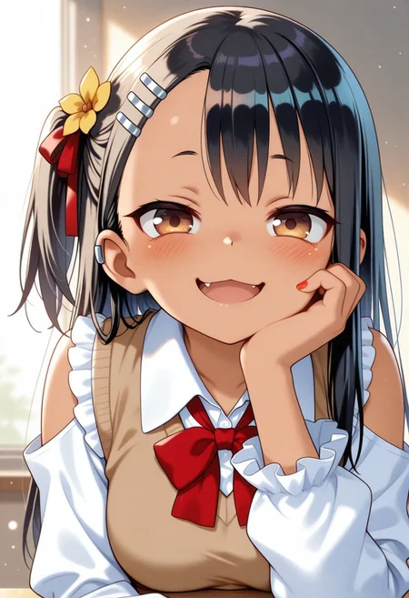 masterpiece, cute, lovely, (best quality:1.3), (amazing quality:1.3) ,very aesthetic, 1girl, solo, blush, (medium breasts:1.2), face satisfied, high gradient eyes, Nagatoro_Hayase_Style, black_hair, brown_eyes, bangs, long_hair, hairclip, hair_ornament, straight_hair, very cute, light particles, cute details, cute colors, naughty face, smug, BREAK, blush, brown vest, clothing cutout, flower, frilled sleeves, frills, hair ornament, hair ribbon, hand on own cheek, hand on own face, head rest, looking at viewer, neck ribbon, one side up, open mouth, red ribbon, ribbon, shirt, shoulder cutout, sunlight, upper body, vest, white shirt, yellow flower, bow, hair flower, jacket, smile, collared shirt, long sleeves, red bow, white jacket,:d, orange nails, frilled collar, eighth rest, hand on own chin