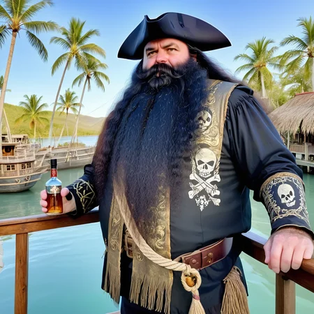 powerbeard, pirate captain, 17th century, long black wig, tall, burly, black hair, hairy arms, galleon, standing on main deck, skull and crossbones flag, jolly roger, rigging, rope coil, half full antique rum bottles, tropical inlet, aqua water, sun reflections on water, late afternoon, palm trees, distant mountains, detailed background, shadows<lora:Power_Beards:1>