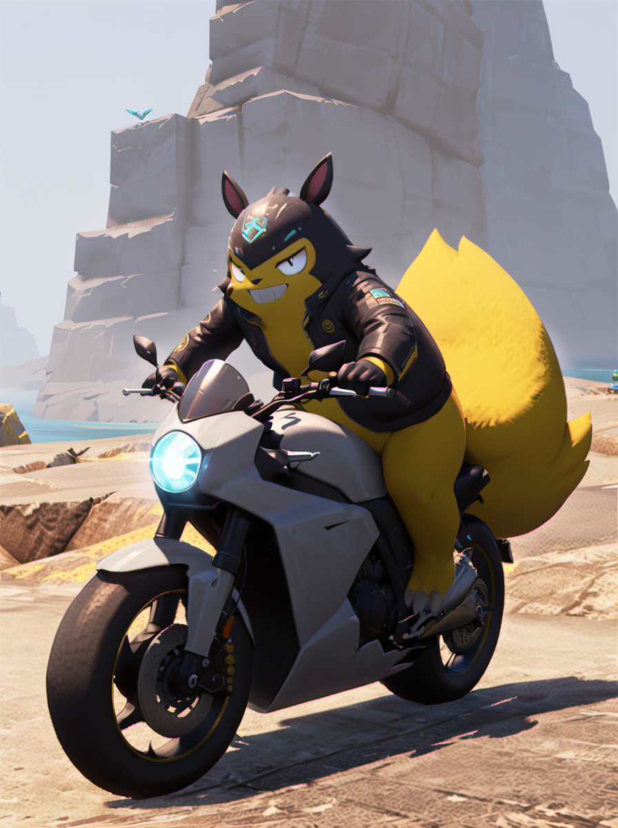palworld-grizzbolt, pokemon,  <lora:palworld_grizzbolt_xl_v1-000019:0.85>, furry male, yellow skin, (pot belly:1.2), face an audience, lighting tatto, 
(riding motorcycle:1.5), solo, ground vehicle, motor vehicle, gloves, jacket, looking at viewer, reflected light, (helmet), black jacket,  long sleeves, (wedgie:1.3), outdoors, cropped jacket, (ultra detailed perfect piece:1.2), illustration, masterpiece, (extremely detailed CG 8k), (very fine 8K CG), cyberpunk style, cyberpunk, city