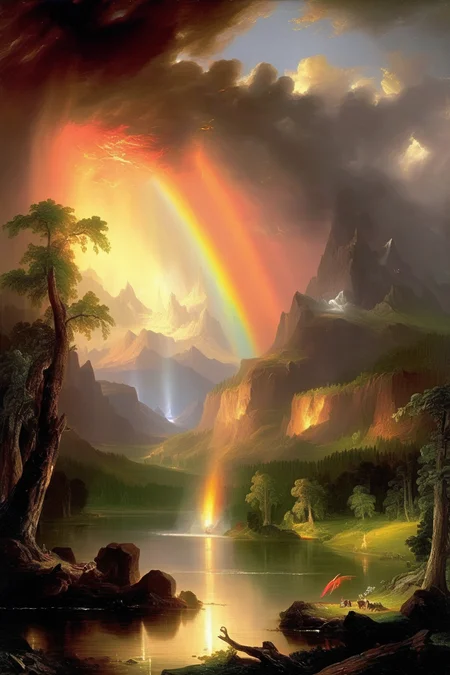 <lora:Thomas Moran Style:1>Thomas Moran Style - photo of a landscape in middle earth, dragons fly at the sky, rainbow, lord of the rings, the shire, The lighting connotes a sensation of warmth and comfort, strong sunbeams, As a painting by Thomas Cole the Hudson River School, dragons fly at the sky,