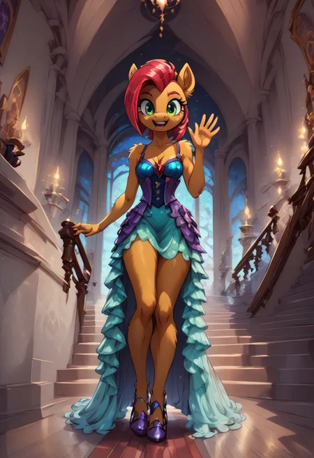 score_9, score_8_up, score_7_up, anthro,
(((Babs Seed))),
facing viewer, front view, female focus, view from chesthight,
g5, pony, female, mare, tail, dock, solo, 1girl, highly detailed, beautiful, detailed eyes, detailed fur, beautiful eyes, (tall), ((perfect body proportions), (beautiful long legs),
small breasts, show accurate skin colour,
long hair, fluffy hair, biggest hair,
(((walking ((down)) a grand staircase))), (((waving to viewer))), ((happy, excited, smiling at viewer invitingly)),
(((wearing a beautiful, eyecoloured, bioluminescent, shoulderfree ballgown))), glowing ballgown,
BREAK,
highly detailed background, (((nighttime))), night
inside Canterlot castle, ballroom, ((grand staircase)), mirror marble floor, (((dimmed lights in the room))),