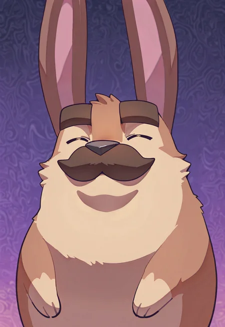 masterpiece, best quality, amazing quality, detailed background, intricate details, dynamic, cinematic, animated, anime realistic shading, solo, male focus, 1boy, handsome, potatow4f, cute, furry, wolf boy, rabbit ears, moustache, brown fur, wolf tail, thick eyebrows, closed eyes, :3, abstract background, dutch angle, ((he he))