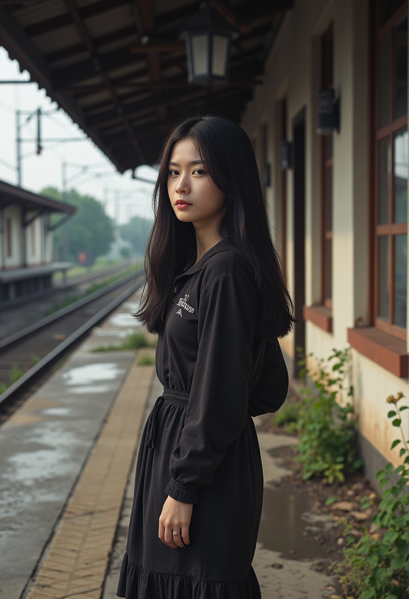 High Efficiency Image File Format,In this photograph, a young Asian woman with long, straight black hair and subtle, introspective expression stands in the front,The scene is a crumbling train station with chipped tiles and rusted tracks, evoking a sense of abandoned history. Soft natural light casts long shadows, while weeds push through the gaps in the platform, their small flowers adding a touch of color.