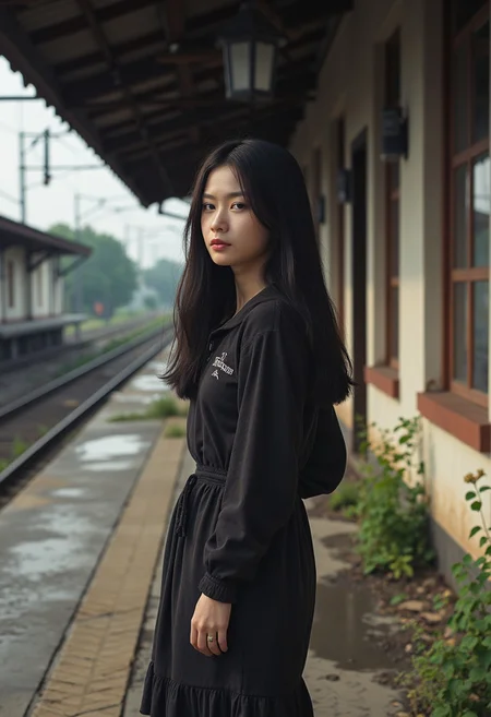 High Efficiency Image File Format,In this photograph, a young Asian woman with long, straight black hair and subtle, introspective expression stands in the front,The scene is a crumbling train station with chipped tiles and rusted tracks, evoking a sense of abandoned history. Soft natural light casts long shadows, while weeds push through the gaps in the platform, their small flowers adding a touch of color.