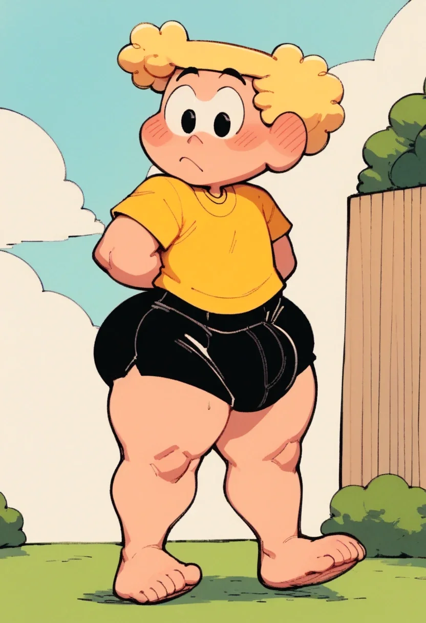 XavecoTDM, 1boy, blonde hair, yellow shirt, black shorts, black eyes, short, solo, full body, blushing, thicc thighs, huge butt, huge bulge