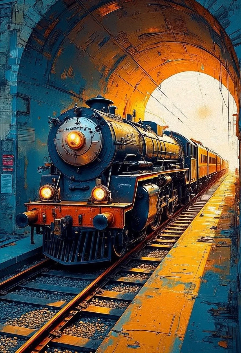 Street-Artji,Street art infused with a sense of wonder:0.6, depicting a train speeding towards the viewer:0.4 train speeding through a tunnel:0.4, capturing the Speed, the fast alternation of Shadow and light in a tunnel:0.3, executed with playful and imaginative strokes <lora:Street_Artji_v1:1>