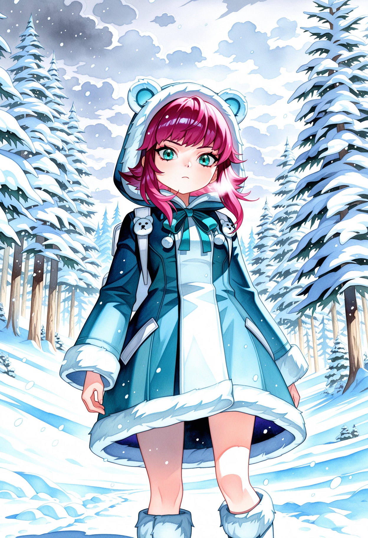 masterpiece, annie \(league of legends\), frostfire annie, (official art,:0.7) short hair with long locks, looking at viewer,  league of legends,1girl, solo, short hair, hat, green eyes, pink hair, purple hair, hood, aqua eyes,   snow, snowing, scenery, winter, forest, bare legs, coat, long coat,  ribbon, bangs,  cowboy shot,  close-up, fur boots, knee boots,nellen, fake animal ears, bear ears, 
(masterpiece, scenery,:1.2) traditional media, colored pencil \(medium\), watercolor \(medium\),  dark, volumetric lighting, cloudy sky, grey sky,