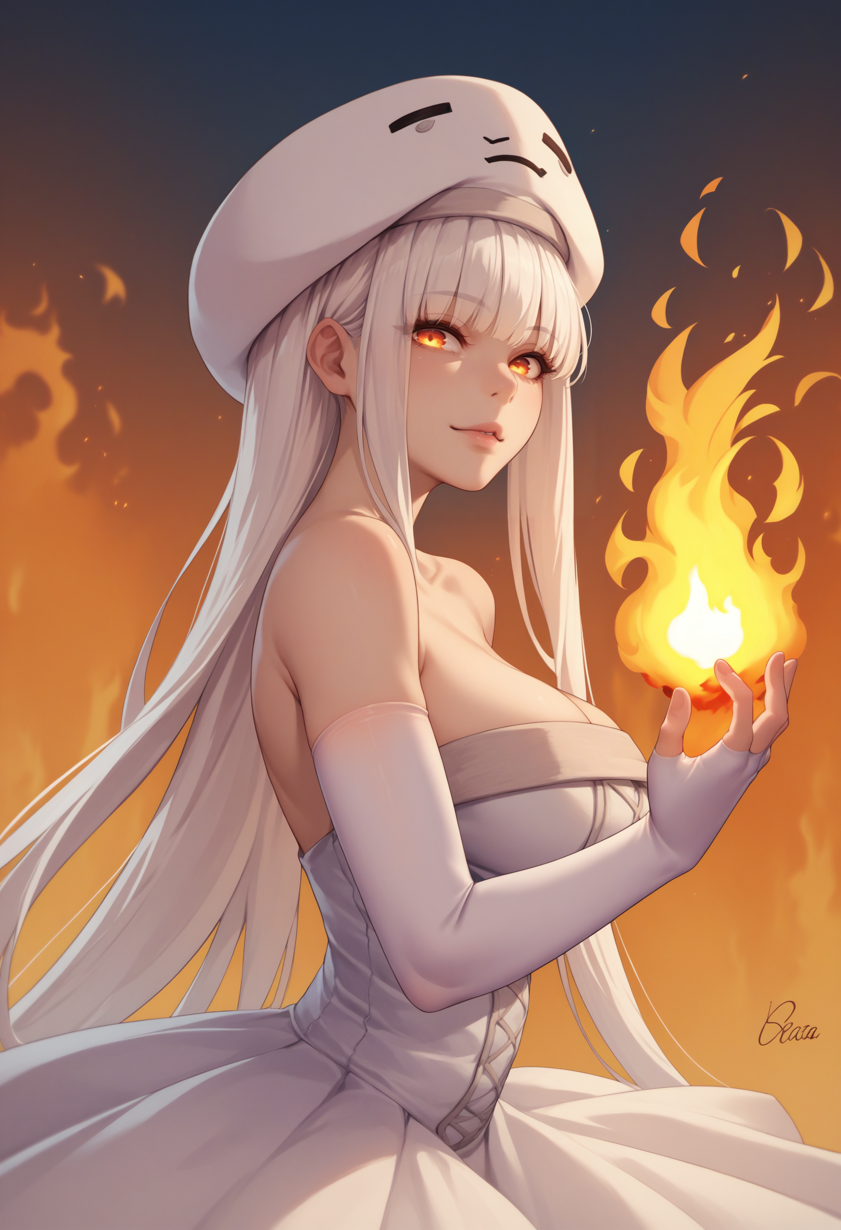 score_9, score_8_up, score_7_up, source_anime, 1girl, Ghast-chan, large breasts, hat, white dress, bare shoulders, elbow gloves, fingerless gloves, <lora:Ghast_XLPD:1>, white hair, fire, surrounded by fire, fireball, seductive,