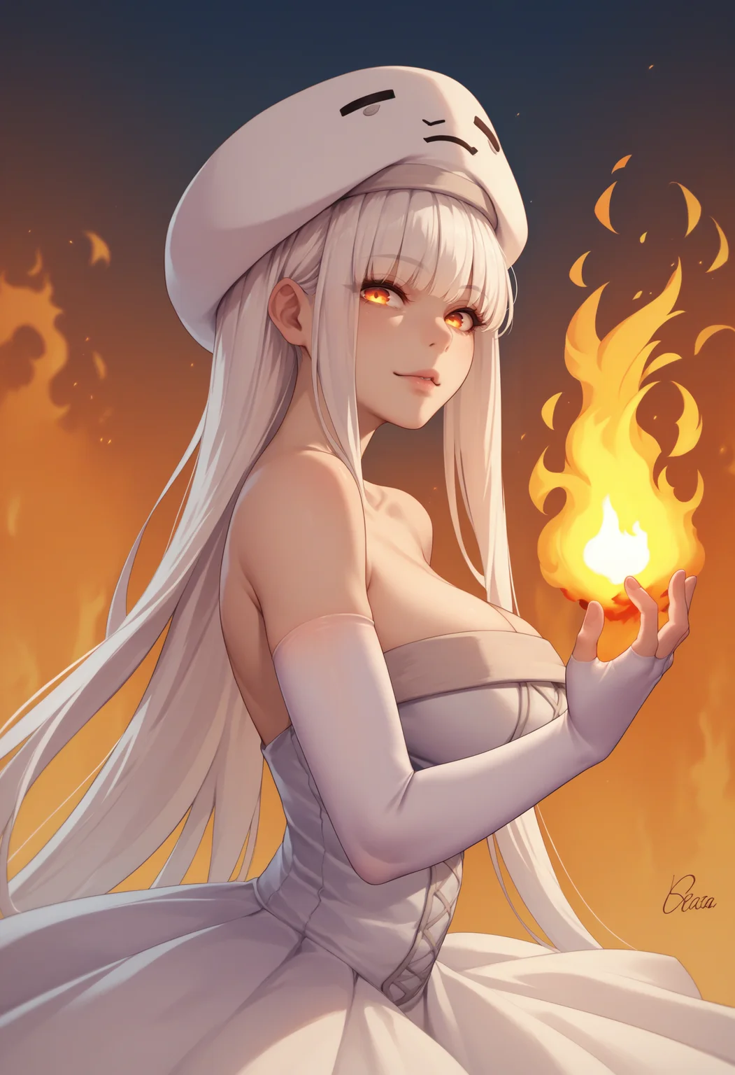 score_9, score_8_up, score_7_up, source_anime, 1girl, Ghast-chan, large breasts, hat, white dress, bare shoulders, elbow gloves, fingerless gloves, <lora:Ghast_XLPD:1>, white hair, fire, surrounded by fire, fireball, seductive,