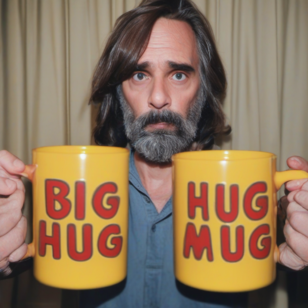 <lora:Big Hug Mug:1>Charles Manson at a table, with a (BIG HUG ((MUG))), yellow mug, red lettering