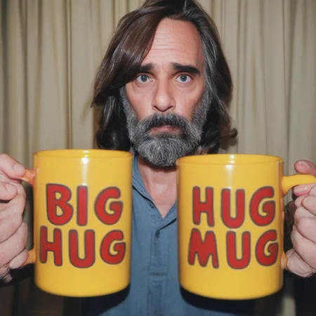 <lora:Big Hug Mug:1>Charles Manson at a table, with a (BIG HUG ((MUG))), yellow mug, red lettering