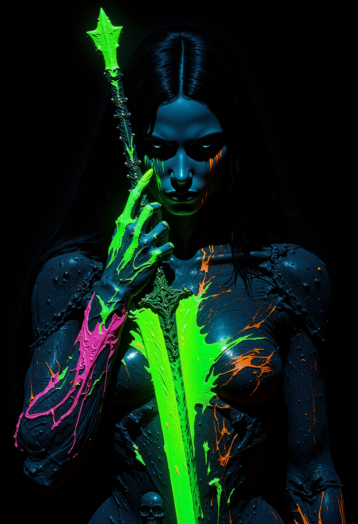 A close-up of a female figure holding a glowing neon green sword. Her skin is a smooth, deep blue tone, while her facial expression is neutral and focused. Her long black hair cascades down her shoulders. Bright, multicolored glowing paint drips from her hand and arm, blending green, pink, orange, and yellow hues, as if melting from her grip. Her left hand firmly grips the sword, which emits a vibrant, intense green light. The sword itself has a glowing texture with neon green liquid-like substance seeping along its length. Her clothes and upper body are covered in a swirling mix of black and neon colors, with dark shadows creeping across her figure, and skeletal faces barely visible within the patterns. Her entire appearance is abstract, with a surreal liquid-like aura around her. The background is solid black, emphasizing the glowing neon colors of the figure and sword.     <lora:dark_fantasy_flux:0.83> <lora:FredFraiStyle-FLUX-Share:0.63> <lora:sxz-Dark-Fantasy-v2-Flux:0.33> drkfnts style, <lora:flux.1_lora_flyway_Epic-Characters_v1:0.43>