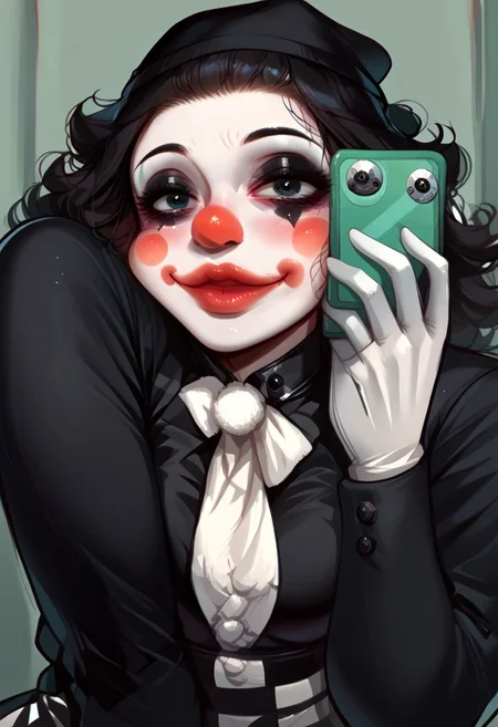 score_9, score_8_up, score_7_up, score_6_up ,Be1nn1e, TSMPK Style, morimee_style, XUER guangying, cms,
FlxngArndHdMeme, selfie, hug, hug from behind, holding phone,close-up, flexing,
1boy, 1girl, female, full body, solo, pepe_frog,
poker face, clown makeup, mime makeup, clown face,
Black clothes,
close view, face focus,