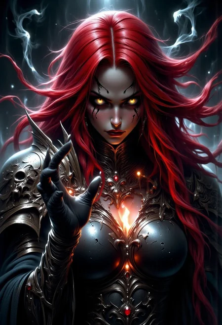 high-quality, masterpiece, a girl with long red hair in armor with yellow eyes, The camera frames her face as she raises her hand summoning a wave of spectral energy in the background barely visible as a faint glow, The scene radiates eerie power, high contrast, sharp lighting on her face, close-up, ghostly energy, (elaborate fine details:1.1), (elaborately detailed attire with extraordinary elements:1.1), (hyperdetailed:1.1), (intricate details:1.0), (Refined details:1.1), (best quality:1.1), (high resolution:1.2)