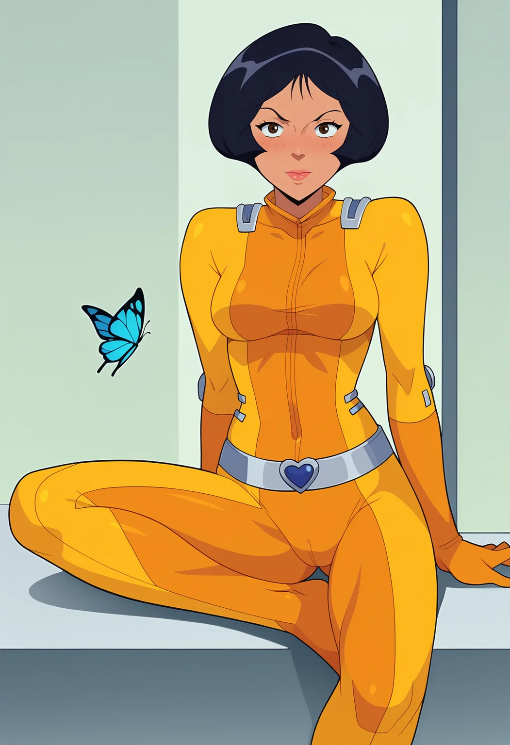score_9, score_8_up, score_7_up, BREAK source_anime, 1girl, alex \(totally spies\), short hair, yellow bodysuit, belt, evil, butterfly sitting, hotel room <lora:brj-alex-ponyXL-v0.5:1>