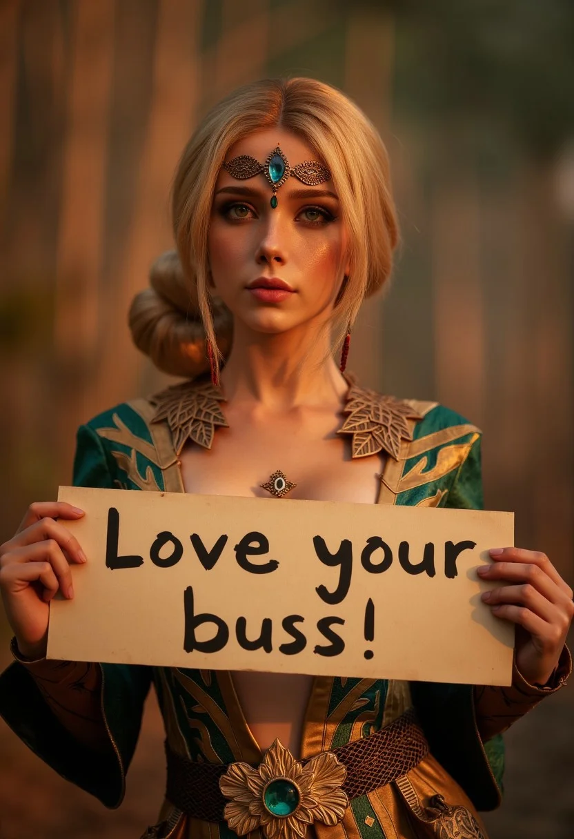 ultra realistic photo of TrissMA holding a sign with (((letters spelling"Love your buzz!"))), wearing revealing dress adorned with patterns, blonde hair, (maximum ultra high definition image quality and rendering:3), maximum image detail, maximum realistic render, (((ultra realist style))), realist side lighting, , 8K high definition, realist soft lighting, (amazing special effect:3.5)
<lora:FluxTrissMA:1>