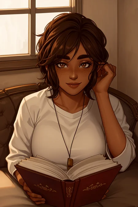 best quality, masterpiece, original, highres, illustration, best lighting and shadow, aesthetic wallpaper, amazing, beautiful, taliyah, 1girl, solo, dark skin, dark-skinned female, short hair, thick eyebrows, brown eyes, freckles, extremely detailed and beautiful face, happy, smile, book, reading, tea, window, sitting, comfortable, upper body,
<lora:tali-20:0.5>