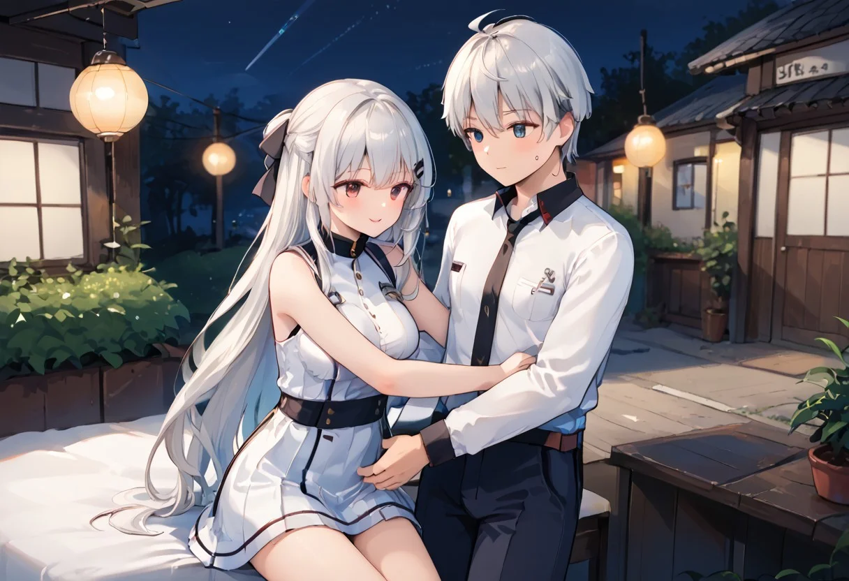 source_anime, ultra HD, best quality, BREAK 1girl, BREAK 1 boy, he undressing her wife clothes,open clothes,bedroom,most beautiful girl on village, white long hair girl,sidetail hair,black ribbon hairtie,wife hugging husband,husband stimulate his wife,girl half awake eye,1 night not enough she want another round,their first night ,encourage her it only hurt a little ,she agree then ready to do it ππ,π¦π¦πππ¦π¦π«Άπ