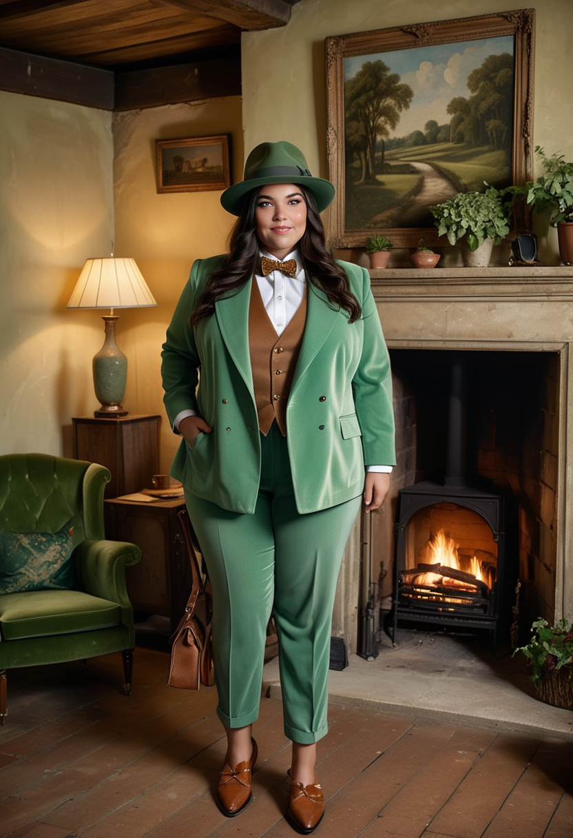 (medium full shot) of (stylish dapper young gentlewoman, full-figured build, extra long dark hair), italian, tan skin, mint green eyes, wearing a fedora, green velvet suit with sophisticated detailing, designer loafers, bow tie, cufflinks carrying a elegant satchel, set in  a country manor, with a grand stone fireplace, a leather wingback chair, rustic wooden beams, a vintage tapestry, woman smiling, ,Masterpiece,best quality, raw photo, realistic, very aesthetic, dark