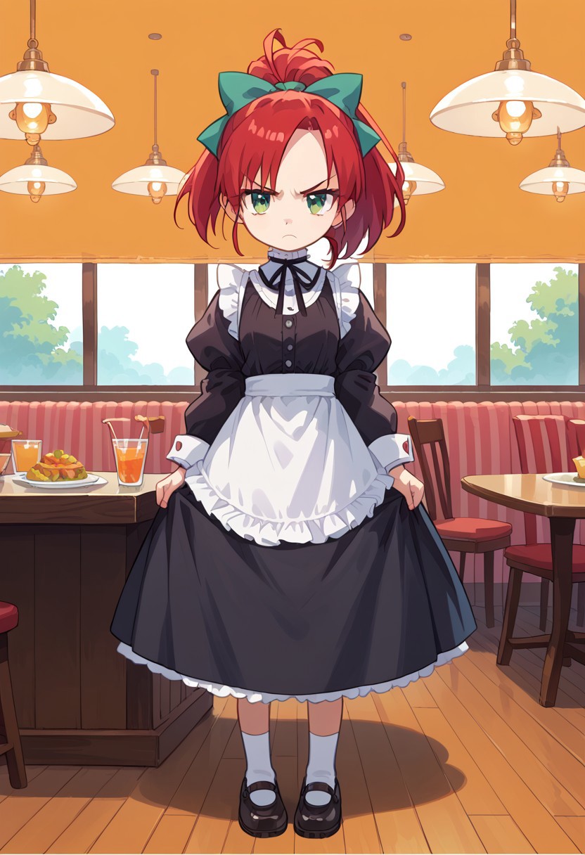 score_8, score_8_up, score_7_up, anime screenshot, source_anime, 1girl, female focus, solo, Sanary_SCS, green eyes, red hair, high ponytail, ponytail, hair bow, neck ribbon, puffy sleeves, maid, black dress, frills, annoyed, looking at viewer, frown, standing, full body, restaurant background, table, chair, facing viewer