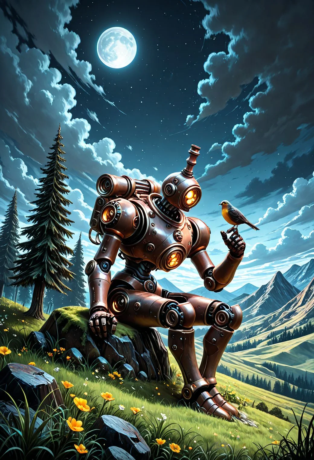 SmoothNoob_Quality, steampunk. 1robot, size difference, sitting, flower, outdoors, cloud, night sky, full moon, tree, bird on hand, grass, cloudy_sky, scenery, nature, rock, mountain, field, mountainous horizon, hill, moss, pine tree, rust, post-apocalypse, <lora:Smooth_SteamPunk:0.8>