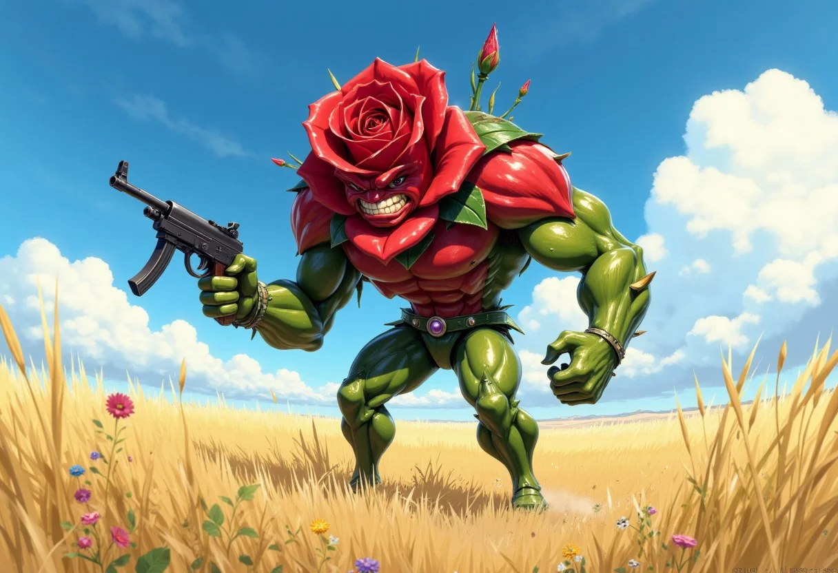 Create a hyper-realistic, action-packed scene of an anthropomorphic red rose with a fierce expression, standing in a wide, open field. The rose character has a human-like body with thorny arms and leafy, muscular legs, and it’s holding an Uzi with a firm, determined grip. Its petals are ruffled and pointed, resembling angry, furrowed brows, and its green stem forms a sturdy torso and arms. The expression on its face is intense, with narrowed eyes and a look of fury, as if ready for battle. The surrounding field is bright and sunny, contrasting with the rose's menacing stance, with wildflowers and tall grass swaying gently in the breeze. The atmosphere is intense, capturing both the natural beauty of the setting and the rose’s unusual, fierce presence as it stands ready to defend its ground, retro_anime