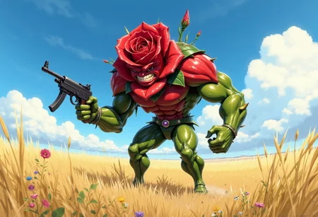 Create a hyper-realistic, action-packed scene of an anthropomorphic red rose with a fierce expression, standing in a wide, open field. The rose character has a human-like body with thorny arms and leafy, muscular legs, and it’s holding an Uzi with a firm, determined grip. Its petals are ruffled and pointed, resembling angry, furrowed brows, and its green stem forms a sturdy torso and arms. The expression on its face is intense, with narrowed eyes and a look of fury, as if ready for battle. The surrounding field is bright and sunny, contrasting with the rose's menacing stance, with wildflowers and tall grass swaying gently in the breeze. The atmosphere is intense, capturing both the natural beauty of the setting and the rose’s unusual, fierce presence as it stands ready to defend its ground, retro_anime