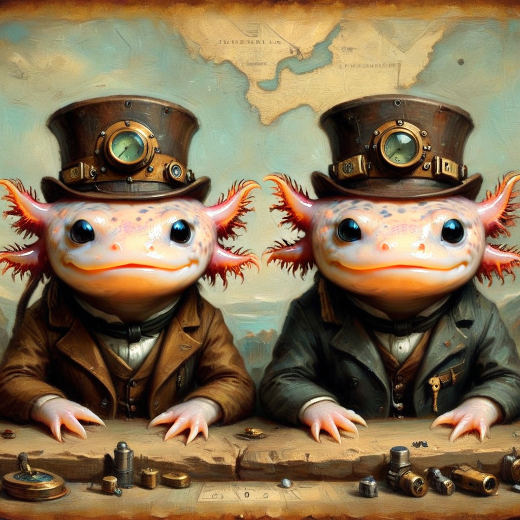 axolotls in a parallel dimension of steampunk world, embedding:OverallDetail-SDXL,<lora:Axolotl_SDXL_epoch_14.safetensors:1.0:1.0>