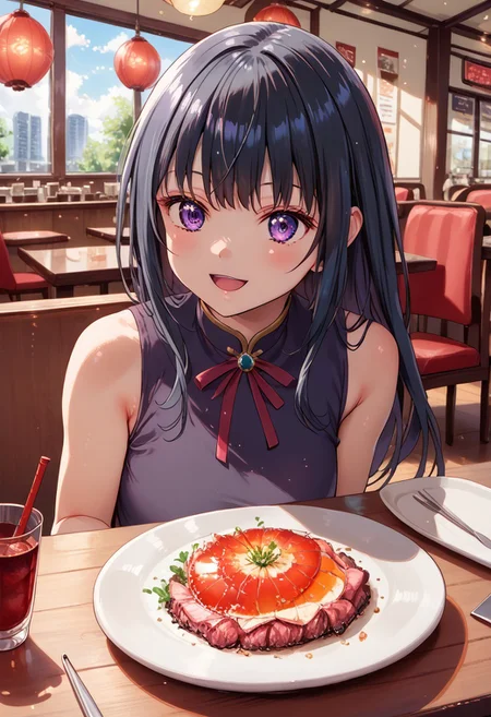 (score_9, score_8_up, score_7_up), black hair, inouetakina, purple eyes, 1girl, green sleeveless shirt, black sleeveless vest over shirt, happy, very aesthetic, okonomiyaki, food_focus, teppan, indoors, restaurant, chair, japanese food, glass cup, ceiling light, plate, table, menu, TEKOKOTE, holding TEKOKOTE, indoors, wooden table, pov across table, side view, detailed background, (indoors:1.3), <lora:okonomiyaki_SDXL_V4:1>, (best quality:1.2) (high quality:1.1), <lora:RINJOH:1>, <lora:add-detail-xl:0,6>, <lora:xl_more_art-full_v1:0.5>,