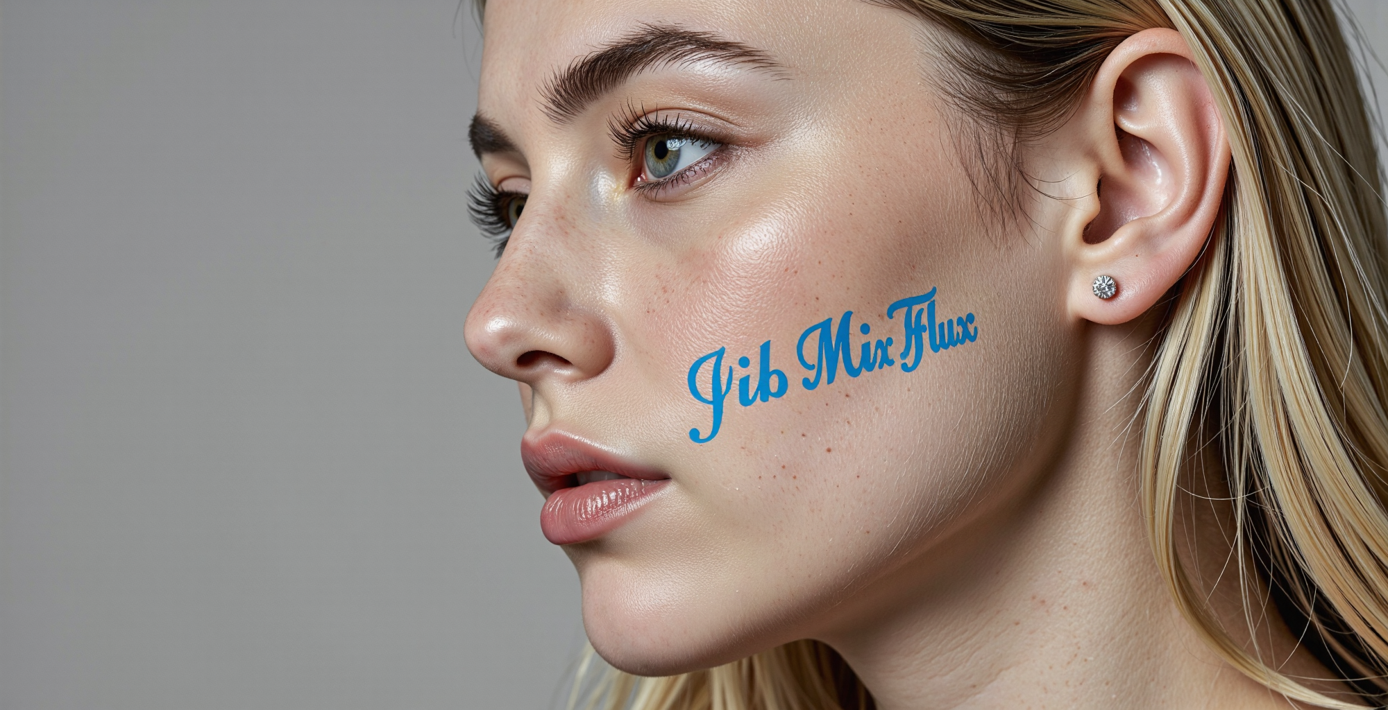 The image features a close-up profile shot of a young woman with fair skin and blonde hair, which is neatly tucked behind her ear, revealing her delicate facial features. Her skin appears smooth with a subtle glow, highlighting the contours of her cheekbones and the natural texture of her skin, Her lips are slightly parted, soft, and have a natural pink hue. Her nose is well-defined, and her light blue or gray eyes are gazing into the distance with a neutral yet serene expression. Her eyelashes are long and gently curled, complementing the minimalistic makeup she is wearing.

The most striking element of the image is the words "Jib Mix Flux" written in bold, cursive Blue letters across her right cheek. The text appears as if it is either painted or digitally imposed onto her skin. The Blue color of the lettering contrasts against her fair complexion, making it the focal point of the image. The font style is elegant yet bold, giving the text a visually appealing, slightly artistic flair. The placement of the text follows the curve of her cheekbone, blending seamlessly with the natural structure of her face.

She is wearing a small, round, diamond-like stud earring, which adds a subtle touch of elegance to her appearance. The earring catches the light slightly, enhancing the details of her jewelry choice. The background is a simple, neutral shade, ensuring that the focus remains solely on the subject and the text on her cheek. The lighting is soft and diffused, casting gentle highlights on her skin and avoiding any harsh shadows.

The image composition is well-balanced, with the close-up framing allowing viewers to appreciate the details of her facial features, skin texture, and the bold text. The sharp focus on the subject ensures that every detail, from the fine hairs near her ear to the natural sheen on her lips, is clearly visible. The simplicity of the background and the absence of any distractions make this an impactful portrait.

Overall, the image conveys a modern, artistic aesthetic with a clean and polished look. The word "Jib Mix Flux" adds an element of intrigue, inviting curiosity about its meaning or significance. The combination of natural beauty, soft lighting, and the bold text creates a visually captivating image that leaves a lasting impression.